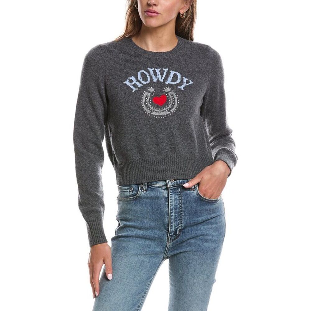 Cinq À Sept Womens  Howdy Cropped Graphic Crewneck Sweater, Grey